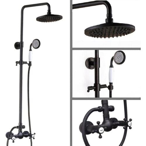 Black Oil Rubbed Brass Dual Cross Handles Bathroom 8 Inch Round Rain Shower Faucet Set Bath Mixer Tap Hand Shower mrs494