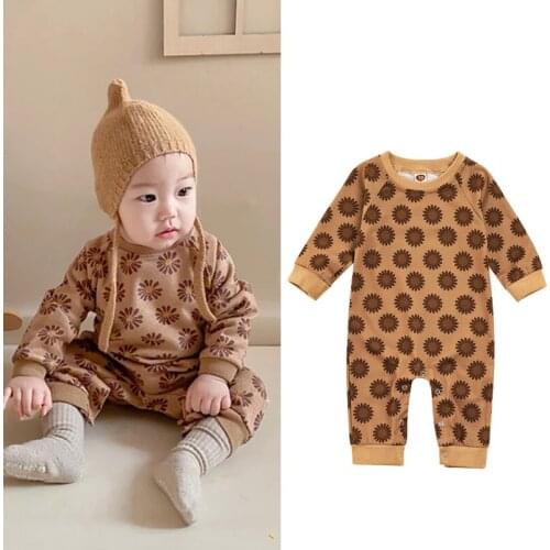 FOCUSNORM 0-18M Toddler Baby Girls Boys Cute Rompers Sunflowers Printing Long Sleeve Button Jumpsuits Outfits