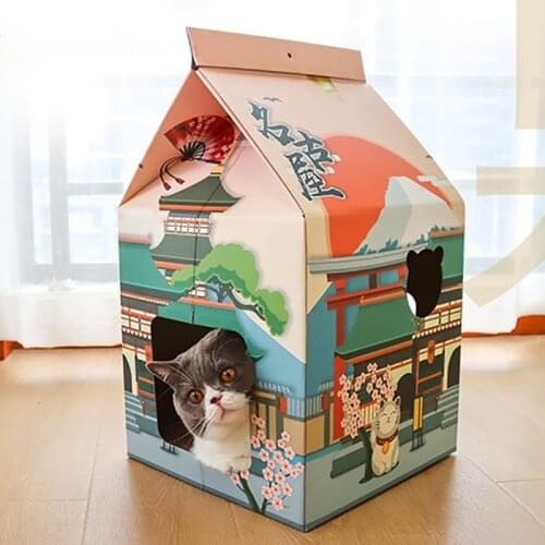 Corrugated Papper Milk Box Cat House Breathe Scratcher Cardboard Kitten Bed Toys Cute Three-dimensional Pet Supplies