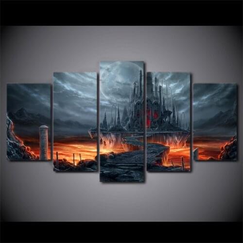 HD Printed Modular Hell Pictures Canvas Painting Frame Home Wall Art 5 Pieces Lava Castle Landscape Poster Bedroom Decor