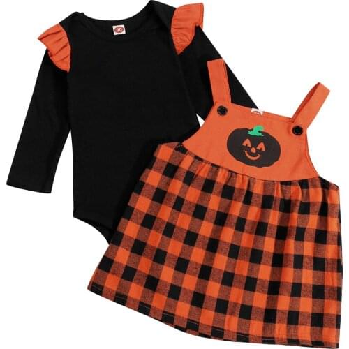 2Pcs Baby Girls Outfit, Autumn Solid Color Fly Long Sleeve Round Collar Romper + Plaid Pumpkin Printing Suspender Skirt Set