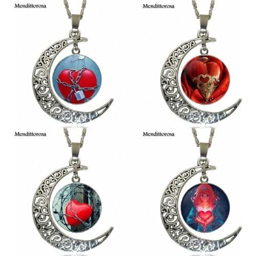 For Lovers Girl Friend Best Gift Charm Red Key to Open The Heart Fashion Jewelry Vintage Glass Necklace With Crescent Moon