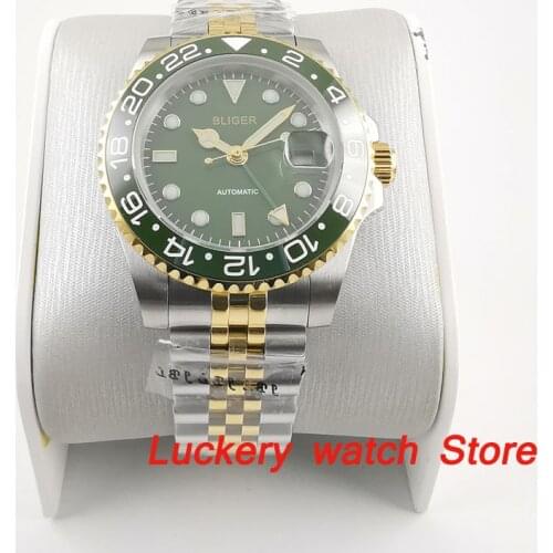 Bliger 40mm GMT mens watch green dial luminous saphire glass ceramics Bezel Automatic Mechanical watch - BA213