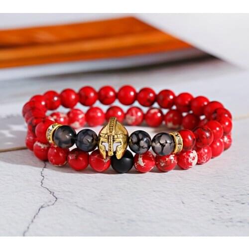 2021 Charm Men Bracelet Gold Knight Spartan Helmet Vintage Red Imperial Stone Beads Bracelets For Women