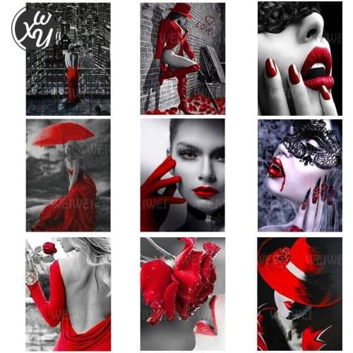 Color Contrast 5D Diamond Painting Kits for Adult Sexy Woman Cross Stitch Red Long Dress Diamond Mosaic Black Red Diamond Stitch