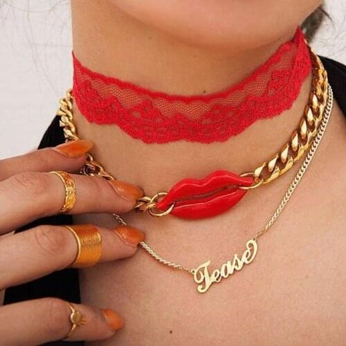 HI MAN Hip-hop Style Mixed Red Lace Bib Sexy Lips Pendant Necklace Women Fashion Atmosphere Nightclub Party Jewelry Accessories