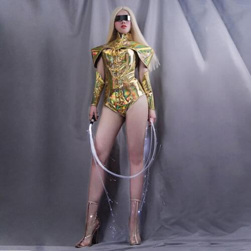 New Women Golden Holographic Clothes Sexy Bar Nightclub Rave Dance Costume Singer Stage Outfit