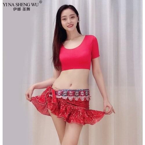New Belly Dance Practice Costume Short Top+Hip scarf Sexy Bead Sequin Skirt Oriental Dance Bellydance Practice Wear Beginner Set