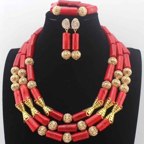 Luxury Red African Wedding Coral Bridal Beads Statement Necklace Set 24K earrings Tube Beads Coral Jewelry Free Ship W13717