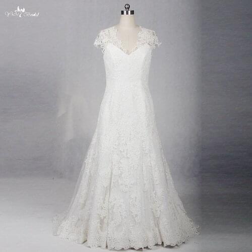 RSW1281 A Line Backless V Neckline Cap Sleeves Lace Wedding Dress