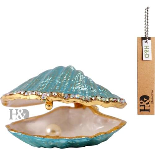 H&D 2.6'' Hand Painted Enameled Shell Style Decorative Hinged Jewelry Trinket Box Unique Gift For Home Decor (Pearl mussel)