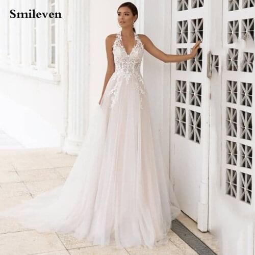Smileven Boho Wedding Dresses Lace Appliques Halter Neck Princess Bride Dresses Backless Beach Wedding Party Gowns
