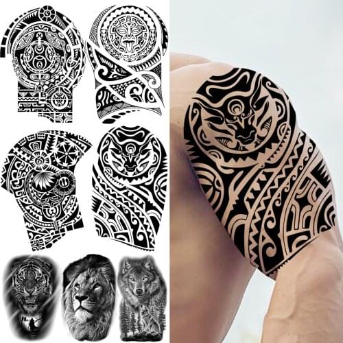 TribalBull Maori Temporary Tattoos For Men Adults Realistic Thorns Tiger Lion Wolf Fake Tattoo Sticker Arm Tatoos Waterproof