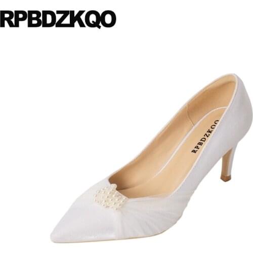 High Heels Pumps White Bridal Ivory Wedding Shoes 3 Inch Pearl Girls Satin Bride Scarpin Pointed Toe Silk Women Bridesmaid Mesh