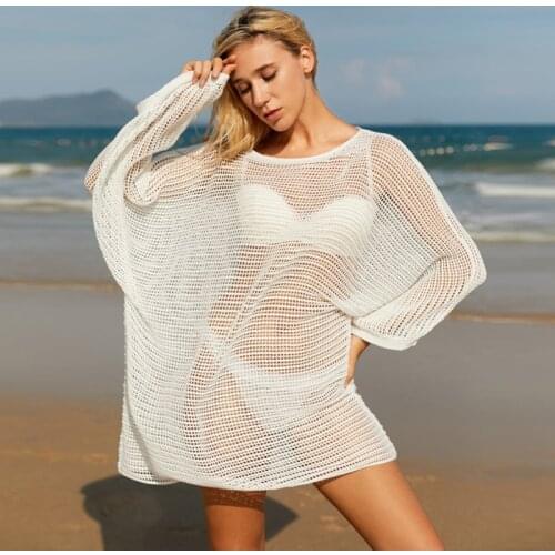 Beach Tunic 2021 Womens Summer White Long Sleeve Bikini Coverup Sexy Bathing Suit Beachwear Cover Ups For Swimwear Women