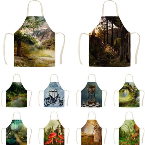 Dreams Forest Animal Magical Moon Night Kitchen Aprons for Woman Man Home Cooking Baking Shop Cleaning Cotton Linen Apron WQ1470