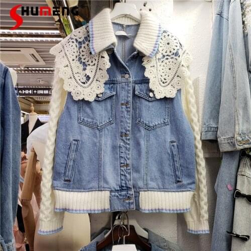 2021 Autumn New Ladies Lace Collar Stitching Denim Short Coat Womens Fashion Loose Patchwork Streetwear Knitted Denim Jacket
