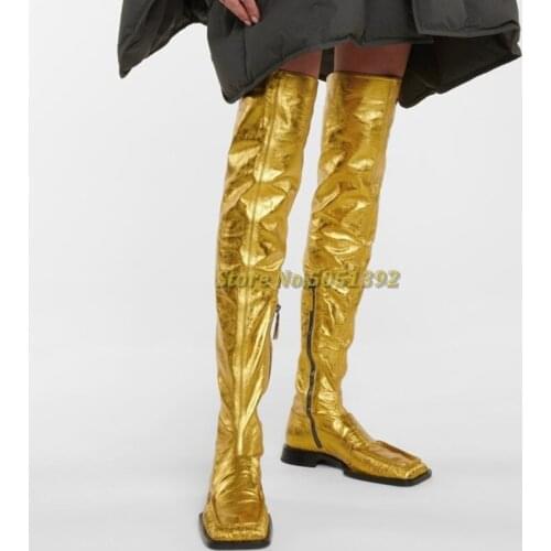Gold Flat With Square Toe Boots Over The Knee Side Zipper 2021 New Arrivals Winter Women Boots Fashion Runway Shoes