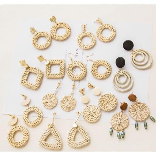 Newest 2019 Trendy Korean Style Handmade Wooden Rattan Knit Earrings For Women Boho Round Circle Geometric Vine Drop Earring