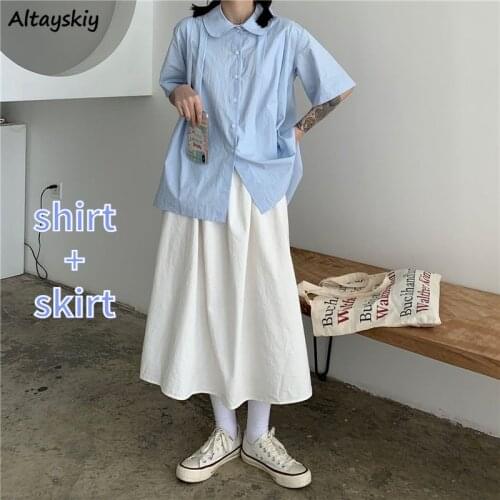 Women Set Simple Solid Loose Ulzzang Short Sleeve Shirt Preppy Mid-calf Harajuku 2 Piece Leisure Soft Elegant Fashion New Preppy