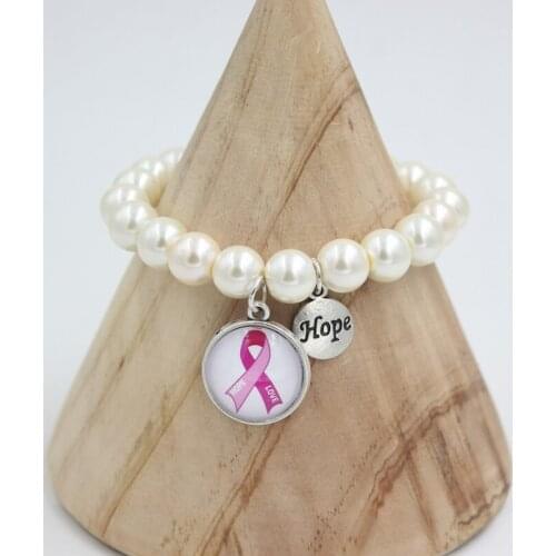 Wholesale 10mm White Pink Glass Pearl Bracelets Breast Cancer Awareness Hope Pink Ribbon Cancer Bracelets Women Jewelry