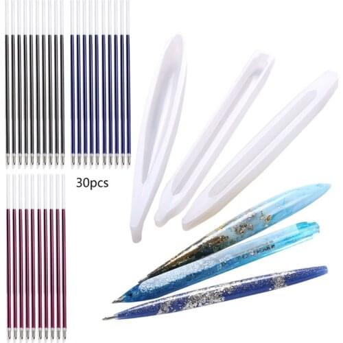 33Pcs DIY Ballpoint Pen Silicone Resin Molds With 30Pcs Refills 3 Colors Pen Epoxy Resin Casting Molds Art Craft Tools