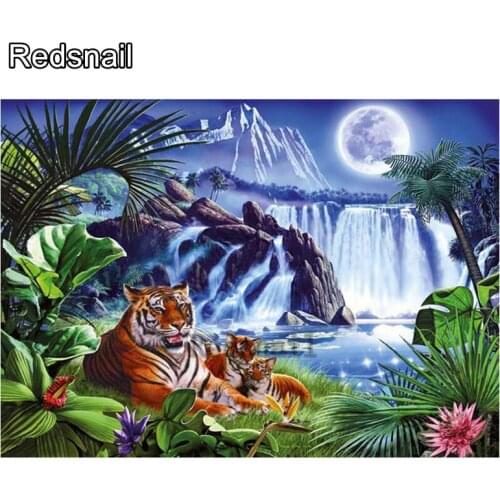 5d Diamond Painting tiger animal Diamond Embroidery Waterfall landscape square round drills Rhinestone Mosaic sticker TT1135