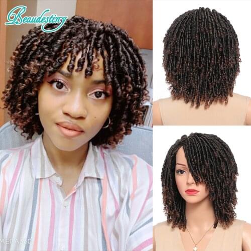 Beaudestiny Synthetic Wig Short Curly Dreadlocks Wigs For Women High Temperature Fiber Dreadlock Ombre Brown Crochet Twist Hair