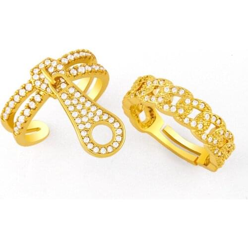 FLOLA Gold Curb Link Chain Open Cuff Rings Rhinestone Adjustable Ring Stackable CZ Pave Zirconia Wholesale Jewelry Gifts rigk34