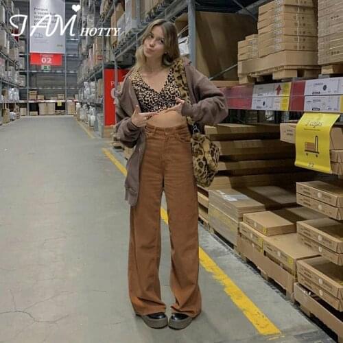 Khaki Wide Leg Straight Corduroy Pants Capri Women Vintage Baggy Casual High Waist Joggers Streetwear Oversize Trousers Iamhotty