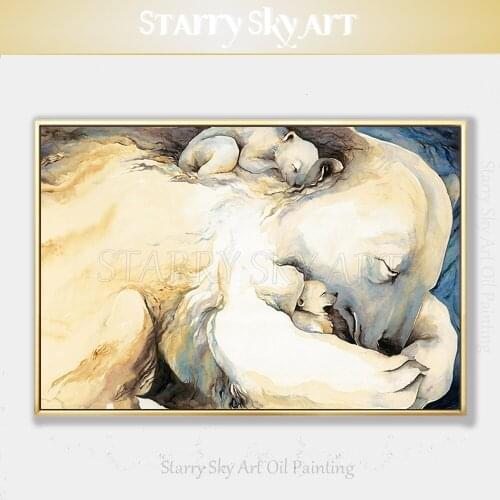 Artist Pure Hand-painted Polar Bear Mother and Kid Oil Painting on Canvas Big Animal White Bear Oil Painting for Wall Decoration