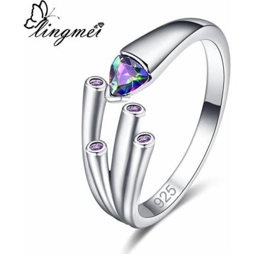 Lingmei Exquisite Wedding Multicolor Purple Black Cubic Zirconia Silver Color Ring Size 6-9 Vogue Simple Unique Women Jewelry