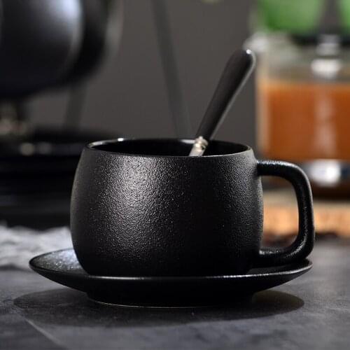 Black Coffee Cup Saucer Set Simple Ceramic Household Coffee Tea Cup with Spoon Black Cup 2 piece set Office Tea Cup Waterware