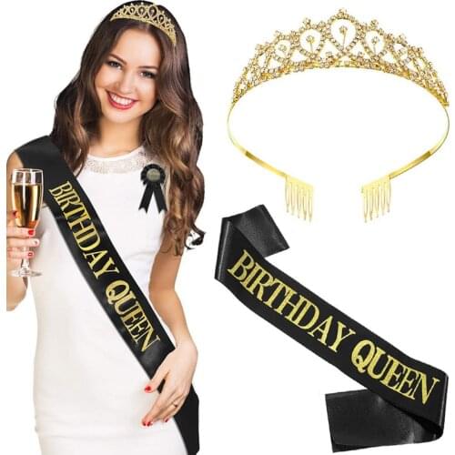 Birthday Queen Crown Girl Women Bling Rhinestone Crystal Birthday Decoration 21 30 40 50th Satin Sashes Anniversary Supplies