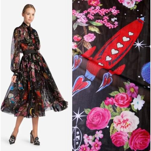 Summer perspective chiffon flower cloth Spaceship galaxy printed clothing fabric Hand cloth diy dress fabric 150cm wide
