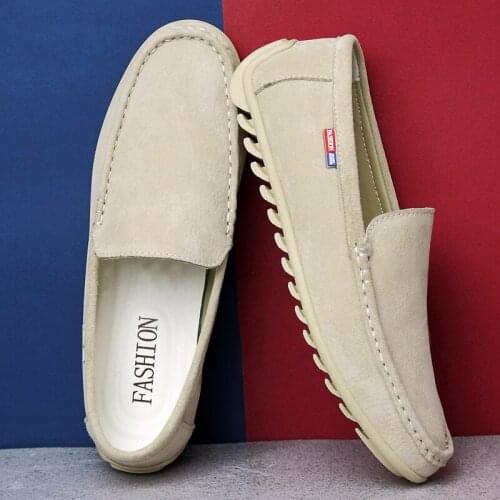 ZSAUAN Brand Spring Summer Men Flats Lightweight Men Casual Loafers Hollow Casual Men Shoes Pig Suede Leather 37-45 Sand Color