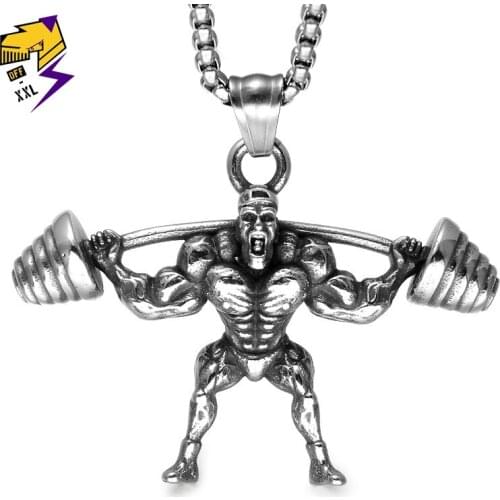 316L Stainless Steel Weightlifting Necklaces Men Silver Color Link Chains Fitness Muscle Pendant Necklaces Strong Man Jewelry