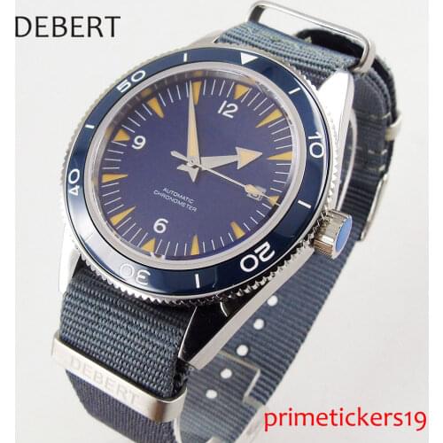 Casual DEBERT 41mm date window sapphire glass blue dIal self winding wristwatch nylon strap 91