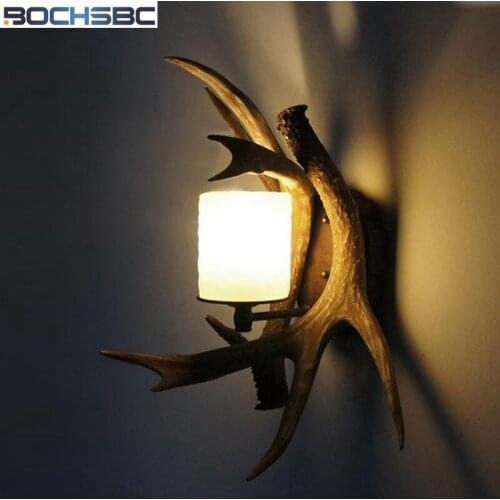 BOCHSBC Glass Lampshad Resin Antler Wall Lamp Decorative LED Lamp for Kitchen Dining Room Bedroom Bathroom Stairs Lompara Lights