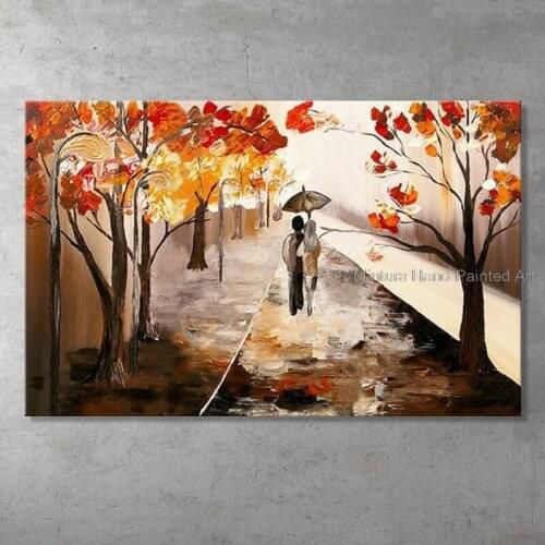 Textured Hand Painted Autumn Scenery Oil Painting Landscape Couples Walking in Rainy Day Canvas Art Modern Wall Decal (No Frame)