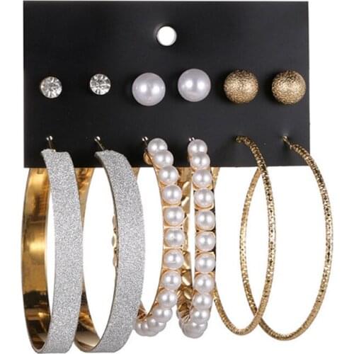 European And American Fashion Exaggerated Pearl Frosted Crystal Large Circle Earrings Set Punk Style Ladies Set Ornament