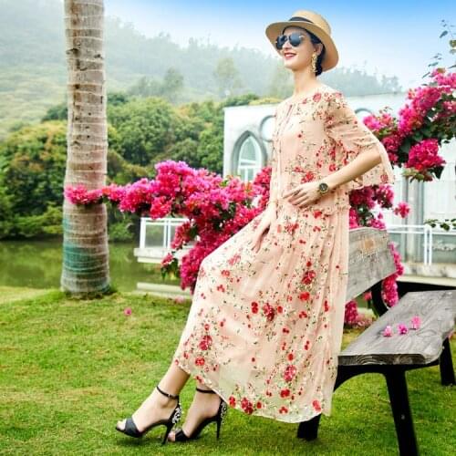 High Quality 100% Real Silk Womens Summer Dress 2021 Bohemian Style Dress Oversized Dress Female Long Dress Ropa Mujer Zjt2242