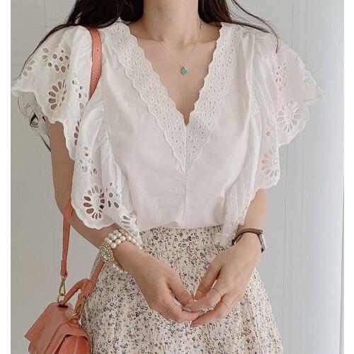 2021 Summer Short Sleeve Women Tops Korean Embroidered Hollow Out Ruffle Lace Shirt Deep V-neck Loose Solid Blouse Elegant 13947