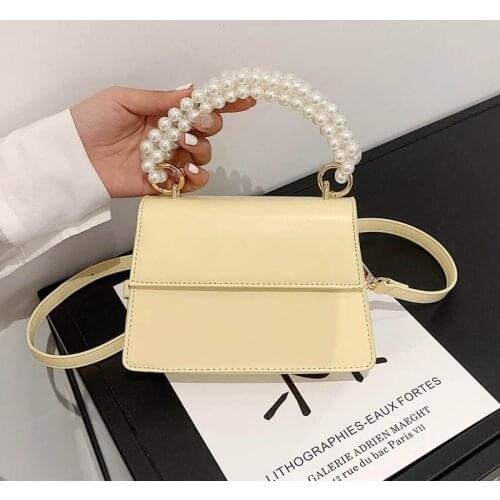 Women Bag Brand Pearl Chain Messenger Bags 2021 Portable Solid Color Luxury Cross-body Shoulder Bag Design Top-handle Handbags