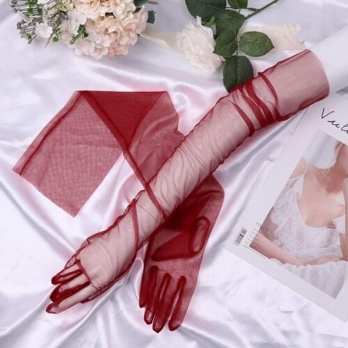 Women Transparent Sheer Tulle Full Finger Sexy Long Solid Gloves Adult Summer Photography Sun Gloves Ladies Fashion Accessories