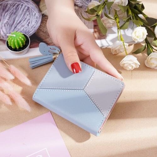 Ladies Short Stitching Hit Color Soft Leather Wallet Multi-card Tassel Wild Fashion Zipper Women Coin Pocket Casual Female Purse