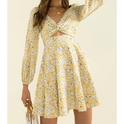 Wsevypo Elegant Fashion Floral Short Pleated A-Line Dress Fall Spring Womens Twist Knot Cut Out Mini Dress OL Sweet Dress