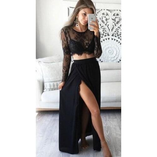 2 piece set women 2019 Women Sexy Dresses Long Sleeve black casual Lace see through slip dress Ladies Beach Dress two piece set