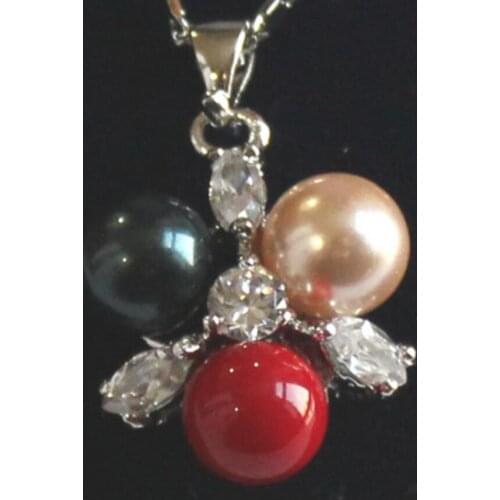 Womens fashion silver plated metal micro inlaid white zircon + Black + champagne + Red Shell Pearl Pendant Necklace
