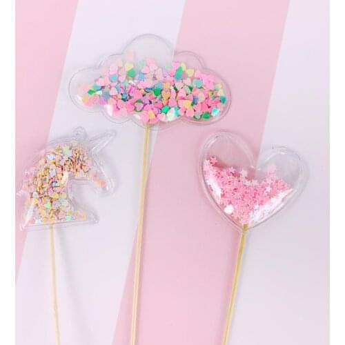 1Pcs Transparent Sequin Cake Topper Baby Shower Star Heart DIY Cake Top Flags Decoration Cupcake Topper Mermaid Party Supplies